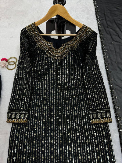 Royal Black Sequins Mirror Work Partywear Straight Suit