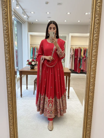 Red Royal Chinon Silk Embroidery Sequins Anarkali Suit