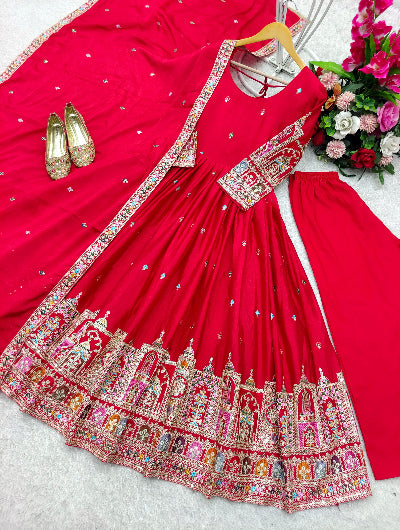 Red Royal Chinon Silk Embroidery Sequins Anarkali Suit