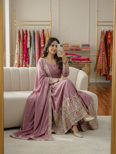 Lilac Royal Chinon Silk Embroidery Sequins Anarkali Suit