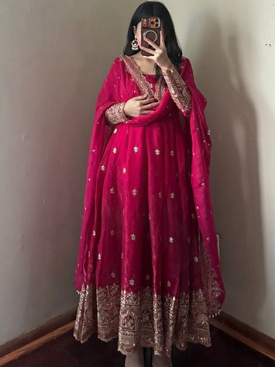 Red Designer Fendy Silk Embroidery Anarkali Suit