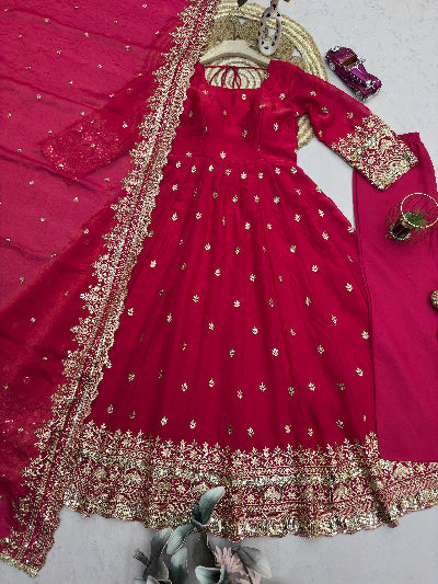 Red Designer Fendy Silk Embroidery Anarkali Suit