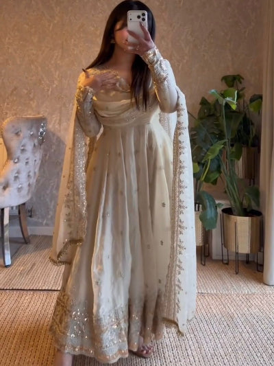 Cream Designer Fendy Silk Embroidery Anarkali Suit