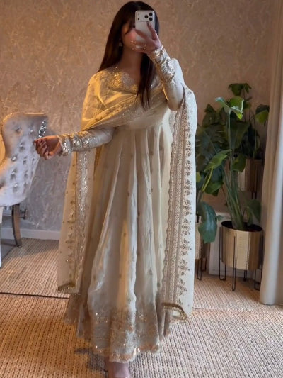 Cream Designer Fendy Silk Embroidery Anarkali Suit