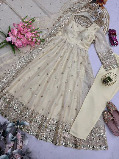 Cream Designer Fendy Silk Embroidery Anarkali Suit
