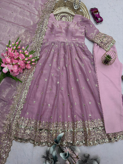 Lavender Designer Fendy Silk Embroidery Anarkali Suit
