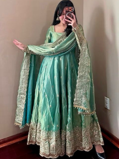 Sea Green Designer Fendy Silk Embroidery Anarkali Suit
