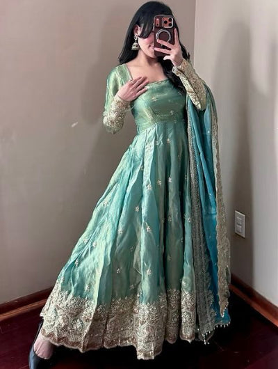 Sea Green Designer Fendy Silk Embroidery Anarkali Suit