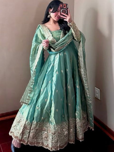 Sea Green Designer Fendy Silk Embroidery Anarkali Suit