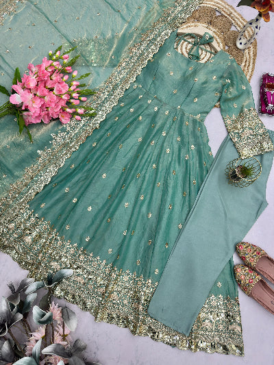 Sea Green Designer Fendy Silk Embroidery Anarkali Suit