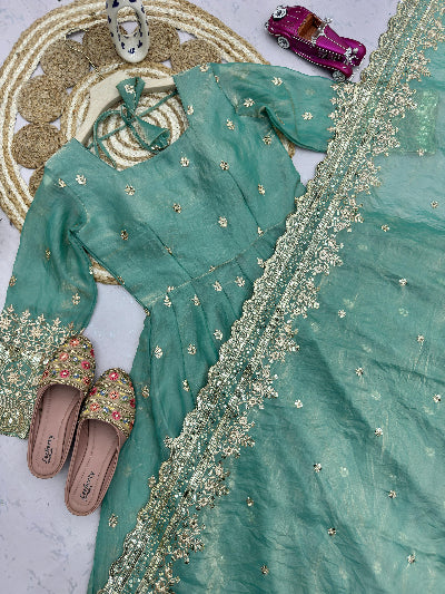 Sea Green Designer Fendy Silk Embroidery Anarkali Suit