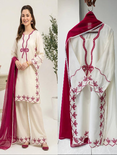 Hania Aamir Inspired Embroidered Suit Set – White &amp; Black