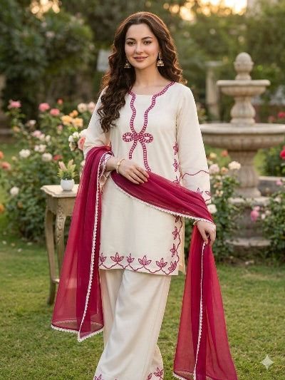 Hania Aamir Inspired Embroidered Suit Set – White &amp; Black