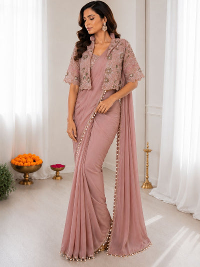 Dusty Pink Pre-Draped Saree with Embroidered Jacket &amp; Blouse