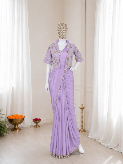 Dusty Pink Pre-Draped Saree with Embroidered Jacket &amp; Blouse