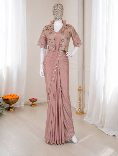 Dusty Pink Pre-Draped Saree with Embroidered Jacket &amp; Blouse