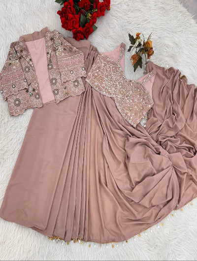 Dusty Pink Pre-Draped Saree with Embroidered Jacket &amp; Blouse
