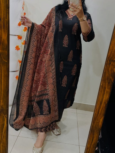 Black Cotton Straight Suit UK | Mirror Work Kurti Pant Dupatta