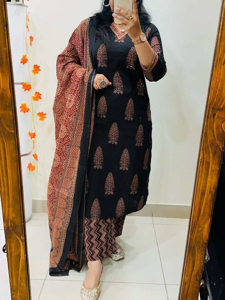 Black Cotton Straight Suit UK | Mirror Work Kurti Pant Dupatta