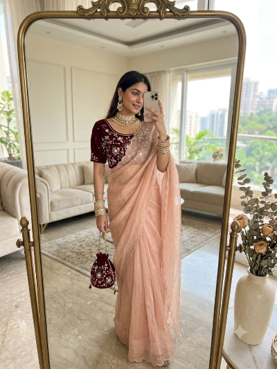 Wedding Onion Pink Sari Ready to wear Free Blouse