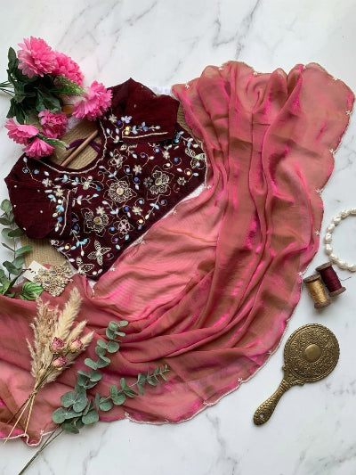 Dusty Pink Sari Ready to wear with Maroon Free Blouse