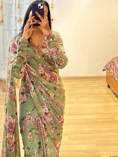 1 Min Sea Green Floral Print Stitched Readymade Saree - BONYHUBSAREE