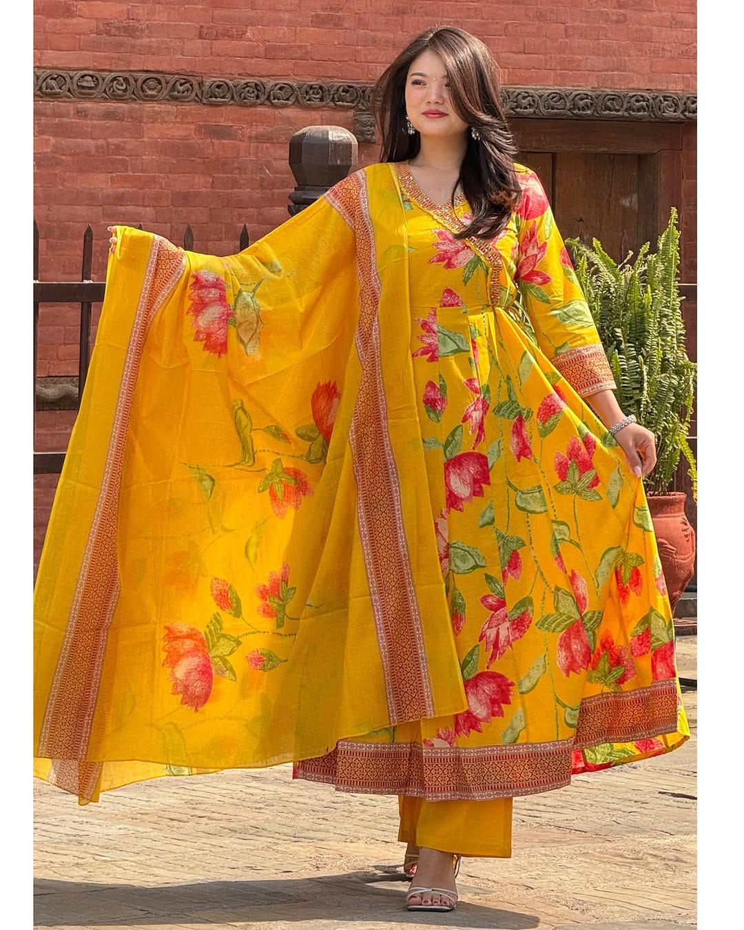 Yellow Cotton Angrakha anarkali Set - BONYHUBSALWAR KAMEEZ