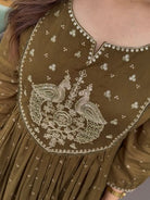 Olive Green Cotton Embroidery Anarkali Suit - BONYHUBSALWAR KAMEEZ