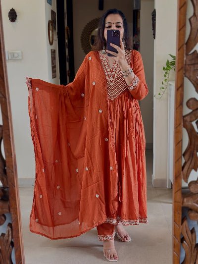 Bold Orange Cotton Heavy Embroidery Anarkali Suit - BONYHUBSALWAR KAMEEZ