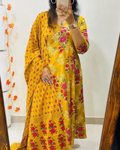 Yellow Printed Floral Kali Straight Suit Set - BONYHUBSALWAR KAMEEZ