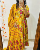 Yellow Printed Floral Kali Straight Suit Set - BONYHUBSALWAR KAMEEZ