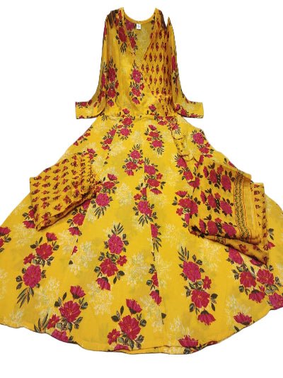 Yellow Printed Floral Kali Straight Suit Set - BONYHUBSALWAR KAMEEZ