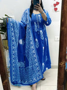Elegant Blue Cotton print handwork Straight Suit Set - BONYHUBSALWAR KAMEEZ