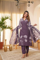 Dusty Purple Cotton Hand Work Straight Suit Set - BONYHUBSALWAR KAMEEZ