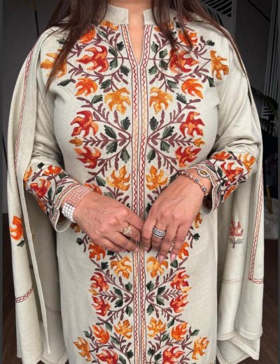 Beige Kashmiri Embroidery Cotton Straight Suit Set - BONYHUBSALWAR KAMEEZ