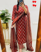 Elegant Red Printed Cotton Straight Suit Set - BONYHUBSALWAR KAMEEZ