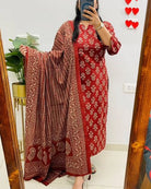 Elegant Red Printed Cotton Straight Suit Set - BONYHUBSALWAR KAMEEZ