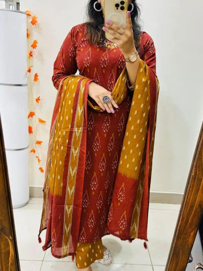 Burnt Orange Mustard Azrak Cotton Sequin Work Straight Suit Set - BONYHUBSALWAR KAMEEZ