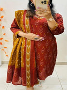 Burnt Orange Mustard Azrak Cotton Sequin Work Straight Suit Set - BONYHUBSALWAR KAMEEZ