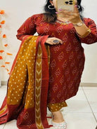 Burnt Orange Mustard Azrak Cotton Sequin Work Straight Suit Set - BONYHUBSALWAR KAMEEZ