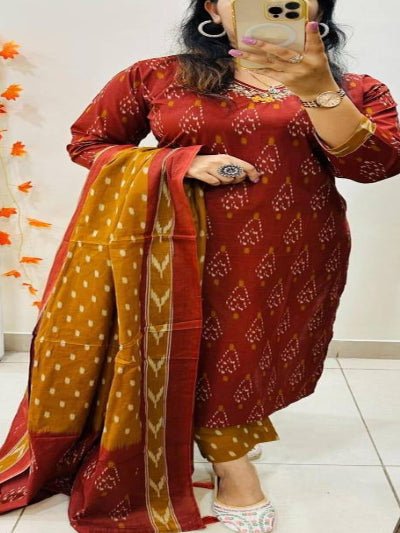 Burnt Orange Mustard Azrak Cotton Sequin Work Straight Suit Set - BONYHUBSALWAR KAMEEZ