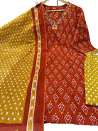 Burnt Orange Mustard Azrak Cotton Sequin Work Straight Suit Set - BONYHUBSALWAR KAMEEZ