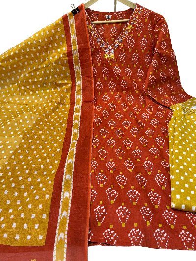 Burnt Orange Mustard Azrak Cotton Sequin Work Straight Suit Set - BONYHUBSALWAR KAMEEZ