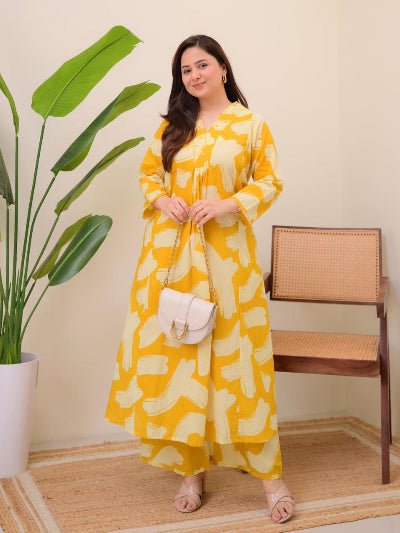 Beautiful Yellow Cotton Printed Kurti Pant Set Of 2 - BONYHUBSALWAR KAMEEZ