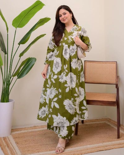 Beautiful Moss Green Cotton Printed Kurti Pant Set Of 2 - BONYHUBSALWAR KAMEEZ