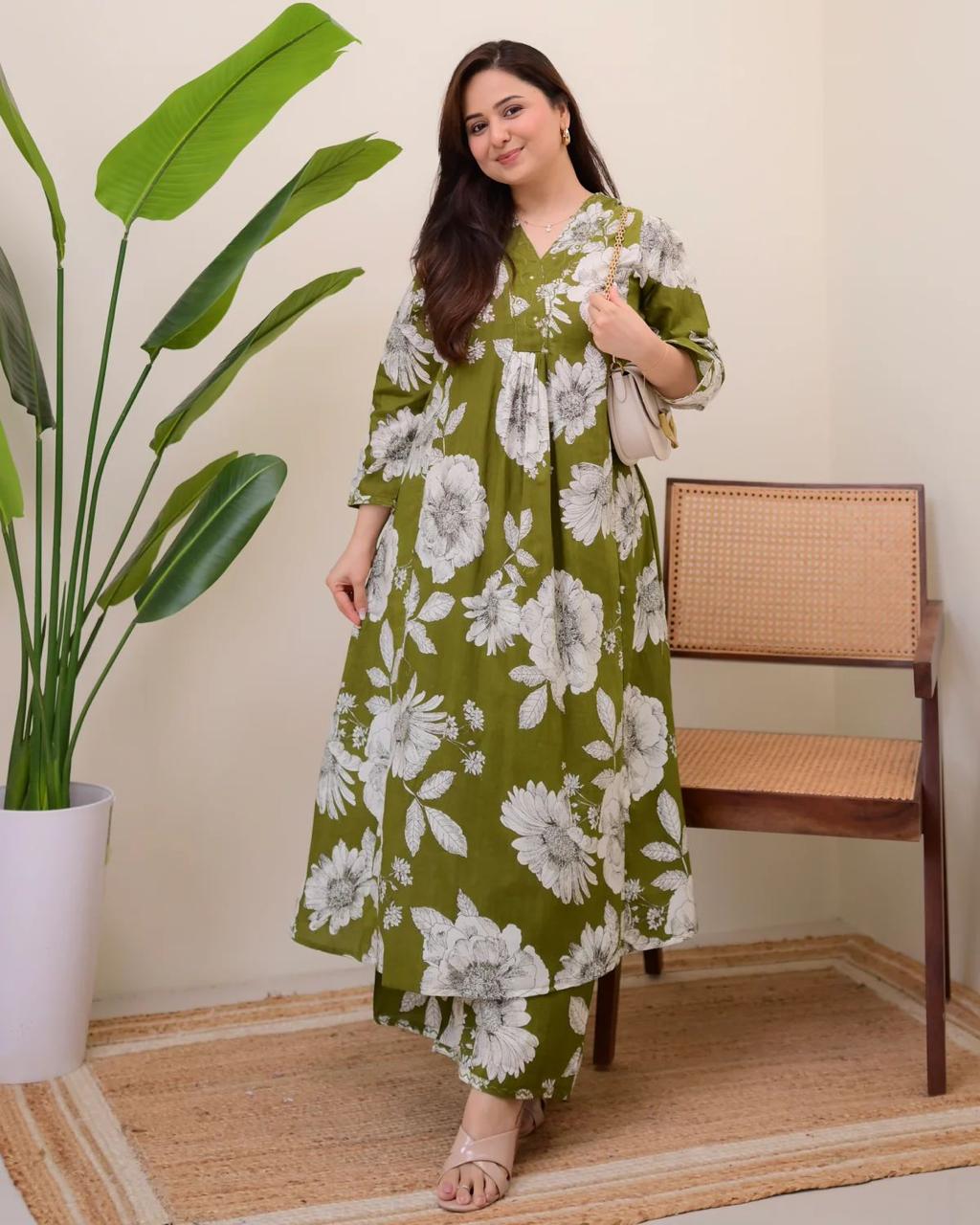 Beautiful Moss Green Cotton Printed Kurti Pant Set Of 2 - BONYHUBSALWAR KAMEEZ