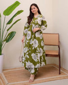 Beautiful Moss Green Cotton Printed Kurti Pant Set Of 2 - BONYHUBSALWAR KAMEEZ
