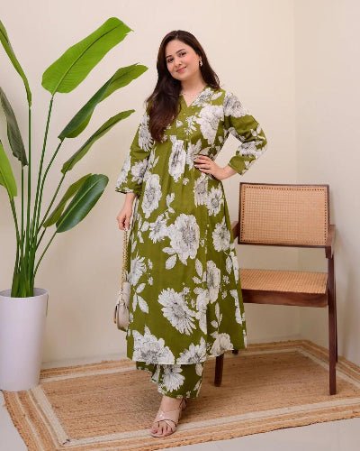 Beautiful Moss Green Cotton Printed Kurti Pant Set Of 2 - BONYHUBSALWAR KAMEEZ