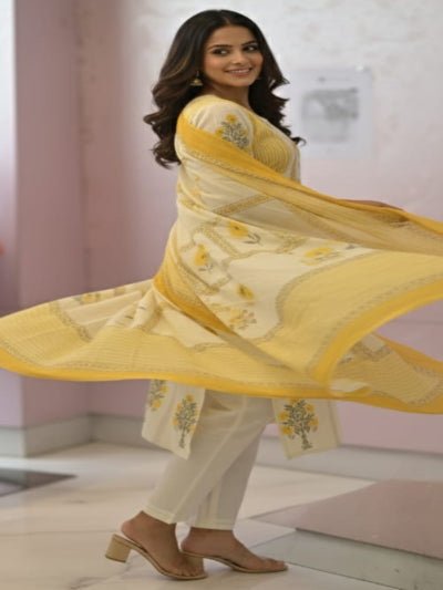 Lemon Yellow & White Handwork Cotton Straight Suit Set - BONYHUBSALWAR KAMEEZ