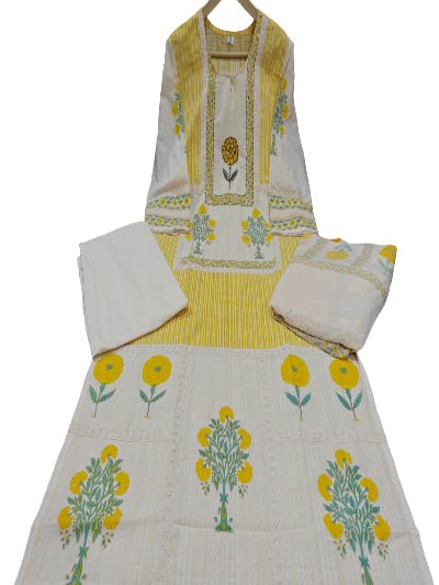 Lemon Yellow & White Handwork Cotton Straight Suit Set - BONYHUBSALWAR KAMEEZ